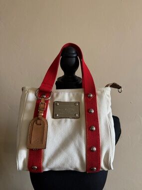 Louis Vuitton Cream Canvas Tote with Red Straps